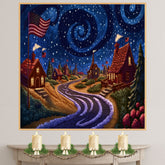 Whimsical 4th of July Village Under Swirling Starry Sky with Glowing Cottages, American Flags, and Winding Road in a Cozy Patriotic Nighttime Scene on Ready to Hang 1.5" Thick Canvas Wrap, Floating Framed Canvas, Flat Rolled Canvas